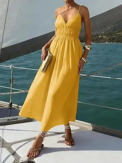Women's Deep V-Neck Sleeveless Spaghetti Strap Ruched Flowy Maxi Sundress