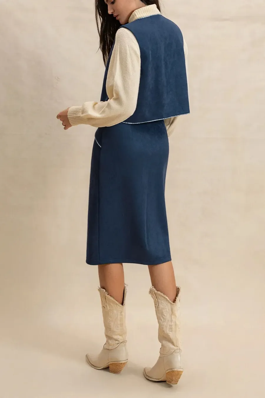 Open Front Vest and Buttoned Skirt Set