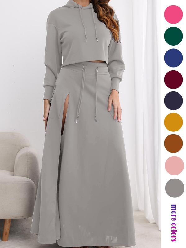 Women'S Solid Drawstring Hoodie & Split Thigh Skirt Set, Long Sleeve Top & Pocket Long Skirt, Casual Fashion Cozy Co-Ord Set, Women Clothes