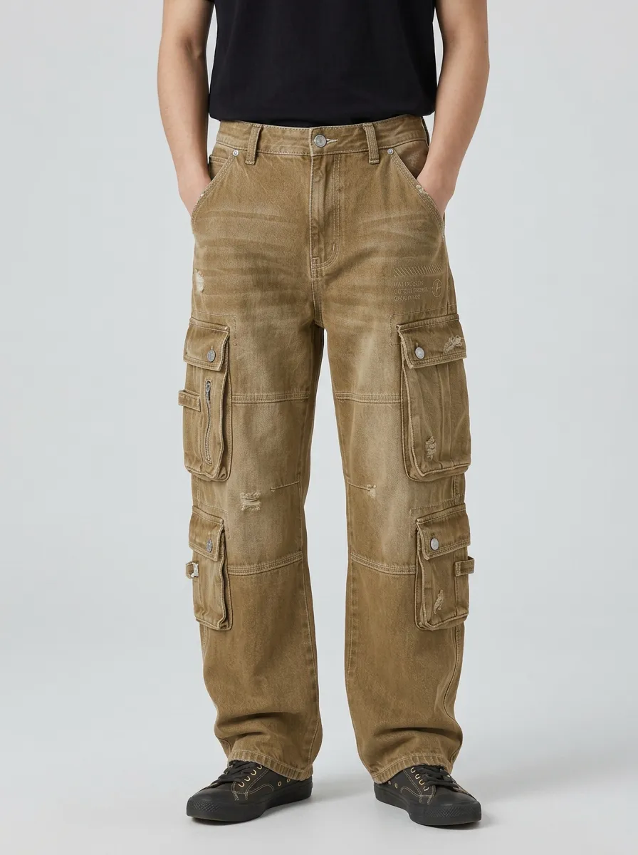 Men's Washed Black Graphic Detail Multi-Pocket Straight-Leg Denim Cargo Pants