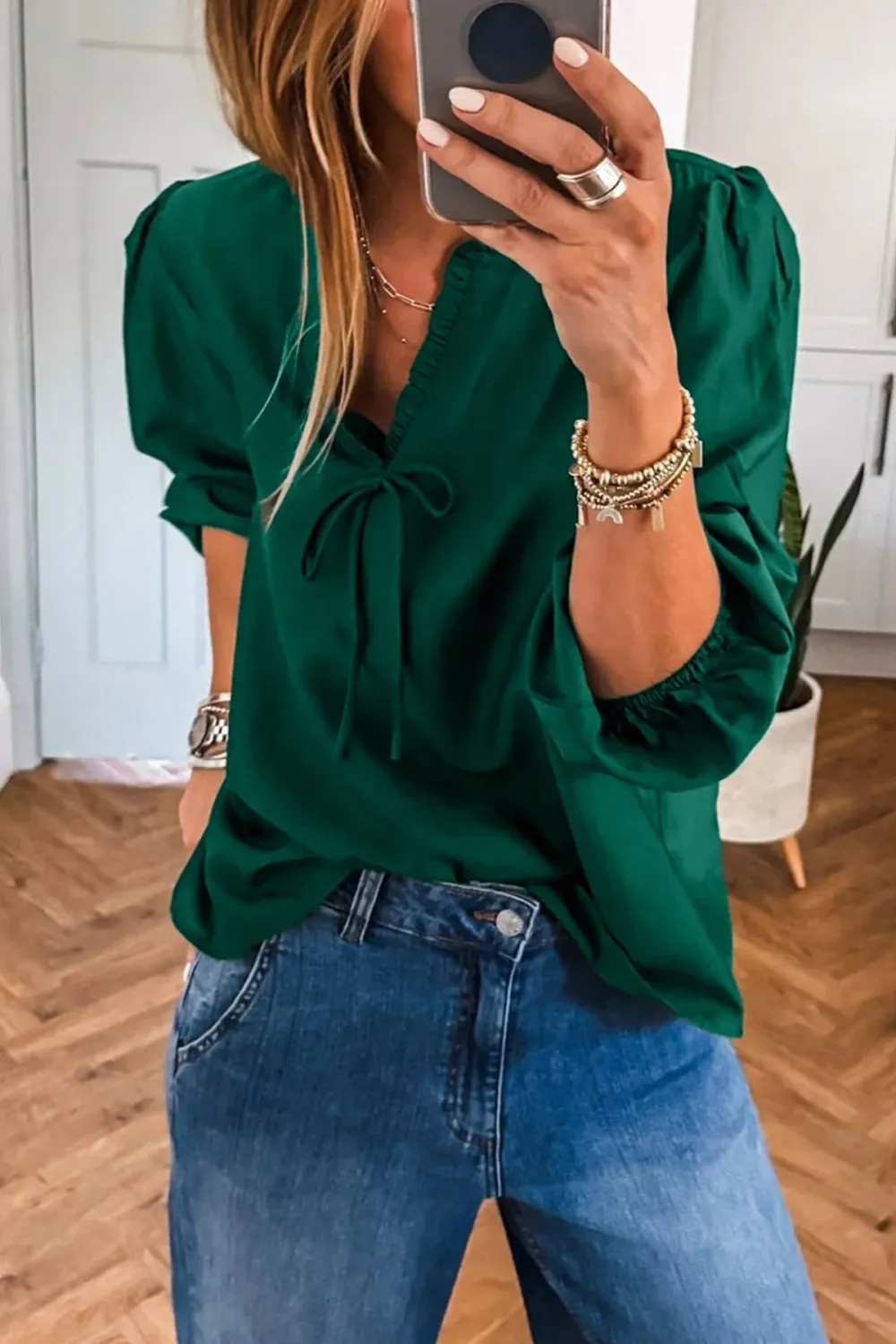Frilled Bow Detail V-Neck Blouse