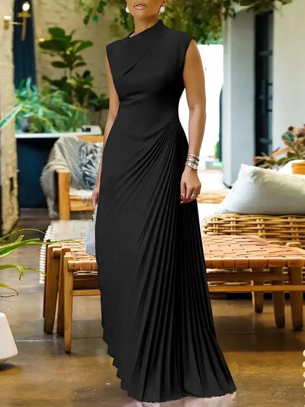 High Pleated Sleeveless Neck Maxi Dress