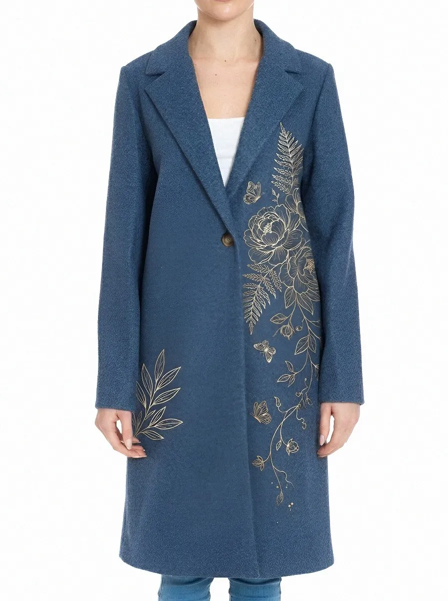 Women's Floral Butterfly Botanical Gold Printed Wool Coat
