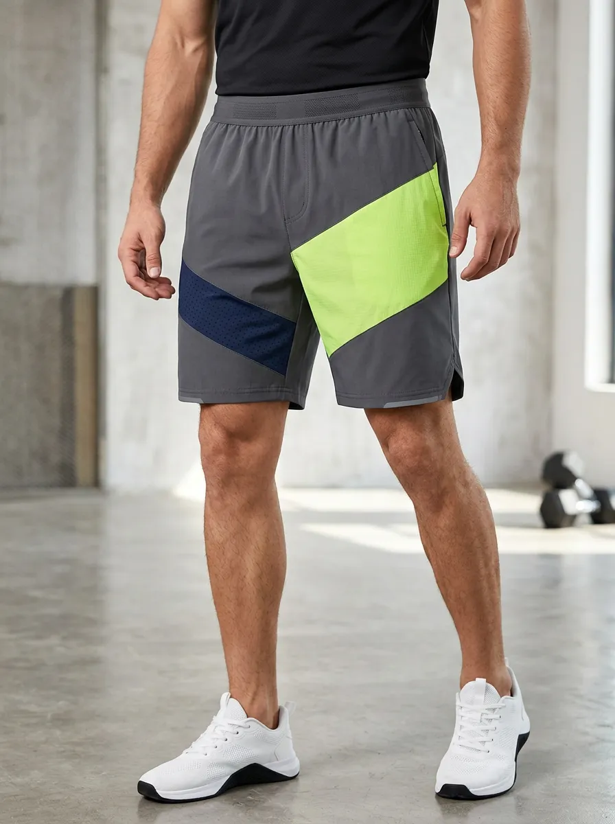 Men's Fitness Gym Colorblock Neon Green Mesh Printed Shorts