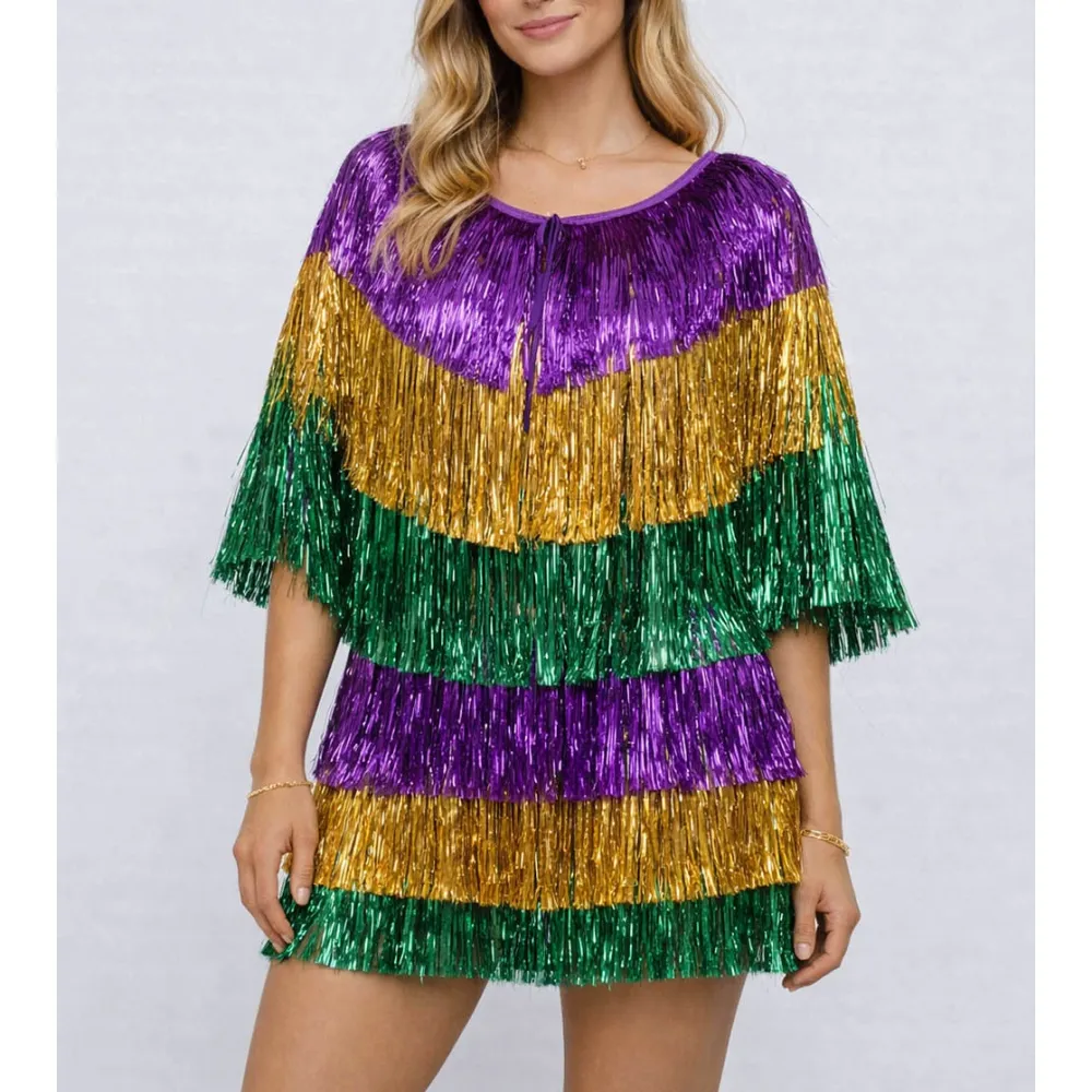 Mardi Gras Fringe Tinsel Elastic Waist Mini Skirt