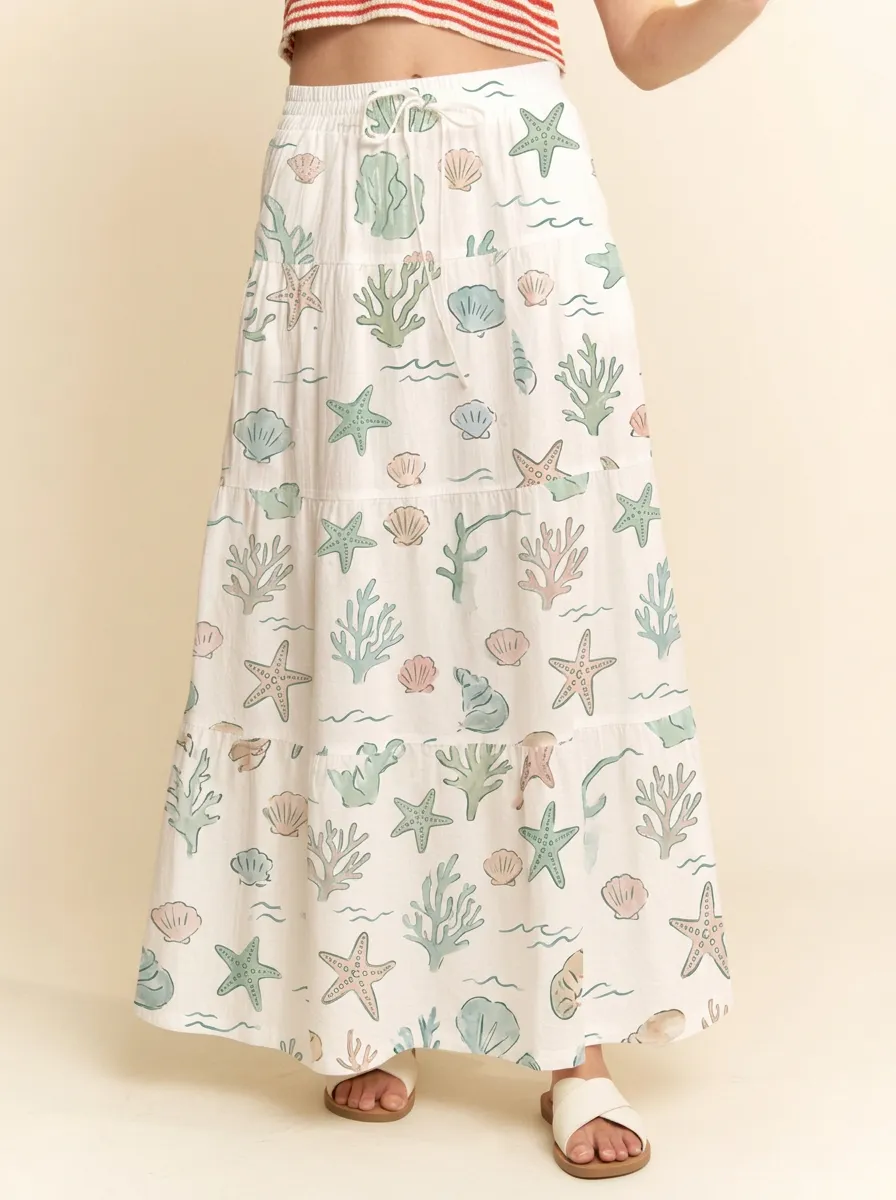 Women's Coastal Starfish Seashell Coral Printed Maxi Skirt