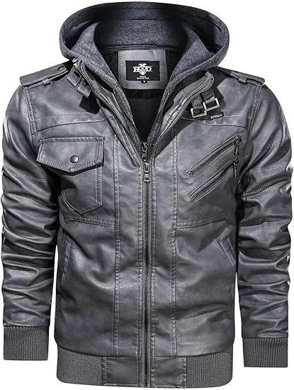 🧥 Men’s Casual Stand Collar PU Faux Leather Motorcycle Jacket with Removable Hood
