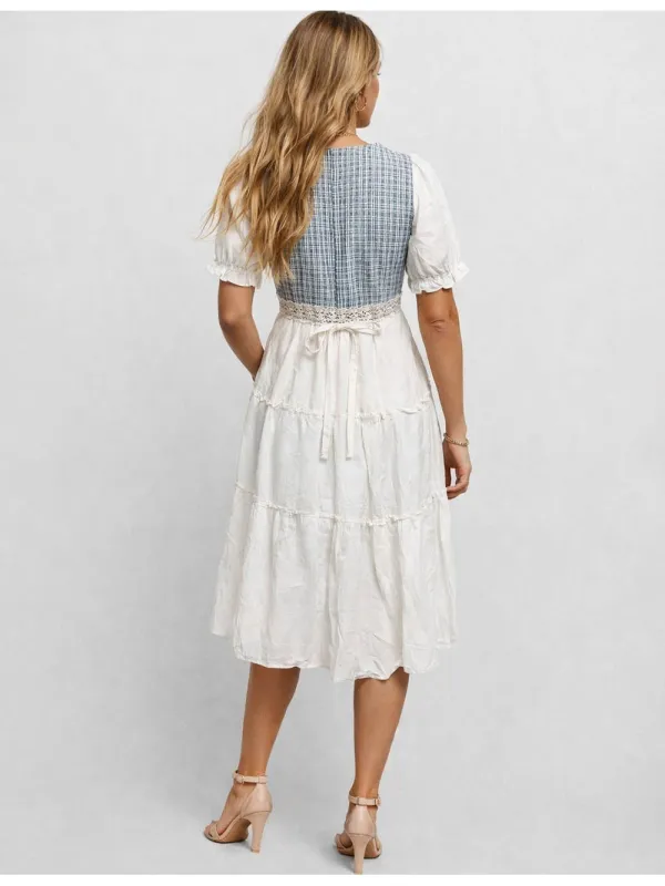 Checked Lace Crochet V Neck Puff Sleeves Tiered Midi Dress