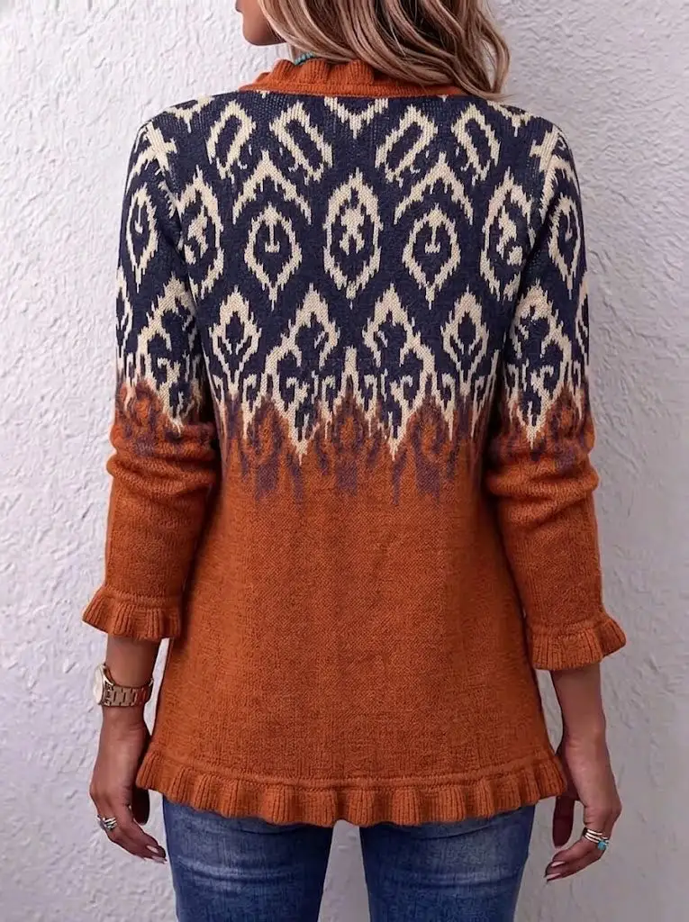Women S Southwestern Aztec Knit Cardigan Rust Boho Button Front Sweater Jacket