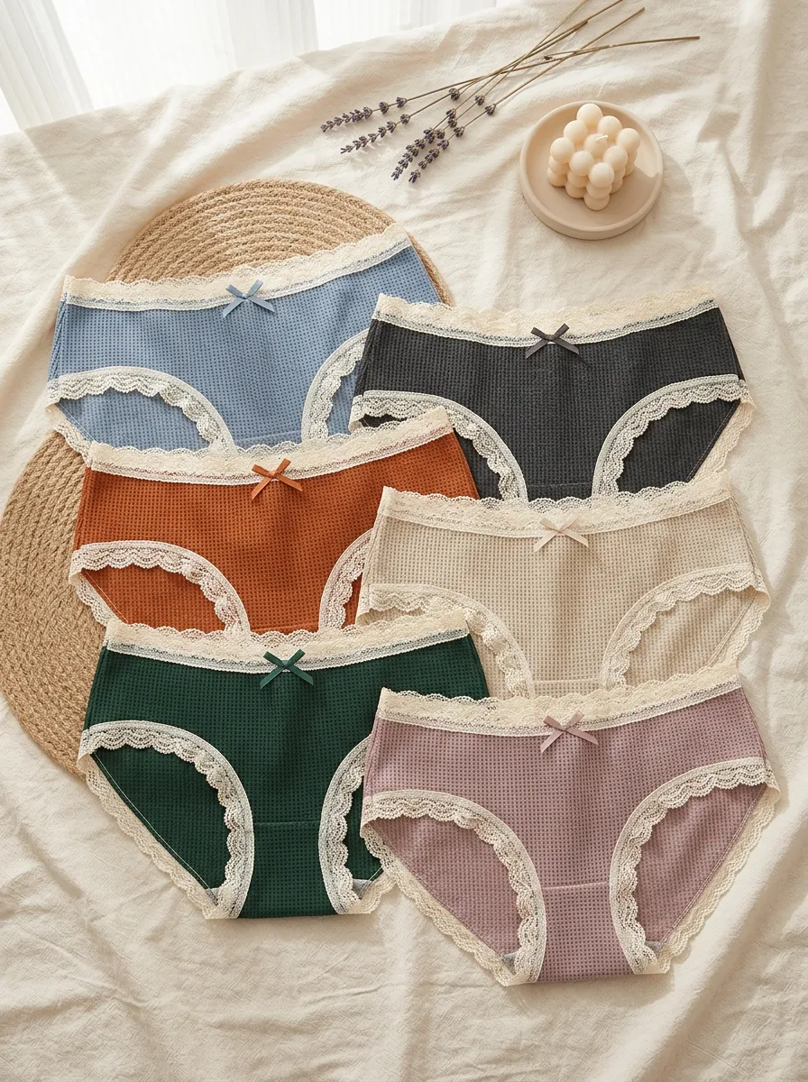 Women's Waffle Knit Bow Detail Lace Trim 6-Piece Panty Set