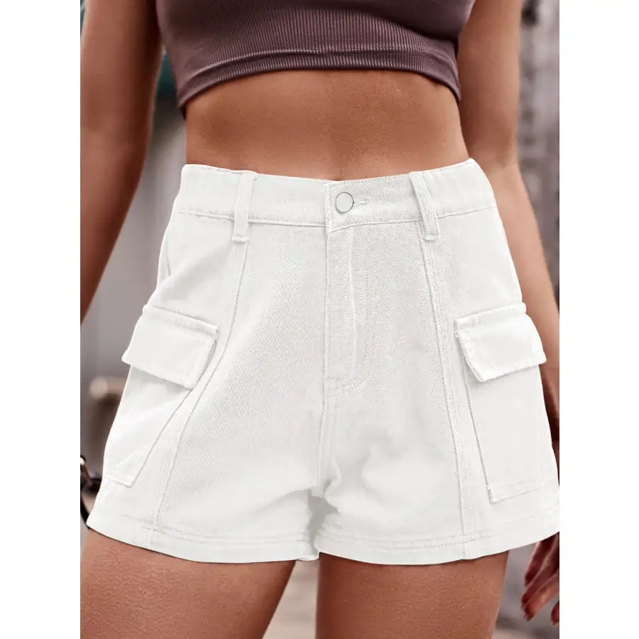 Textured High Waist Denim Shorts with Pockets