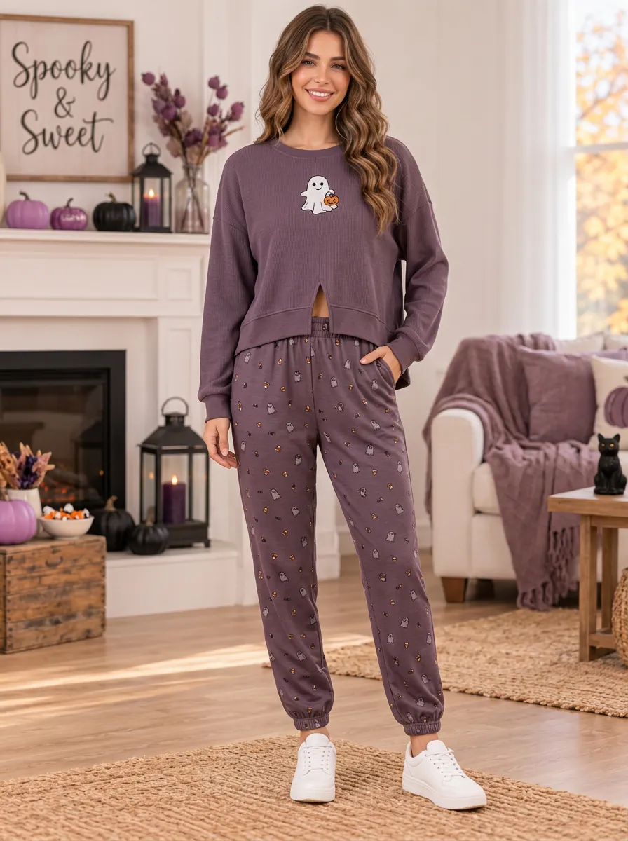 Women's Ghost-Pumpkin Knit-Look Lounge-Top & Joggers Two-Piece Set