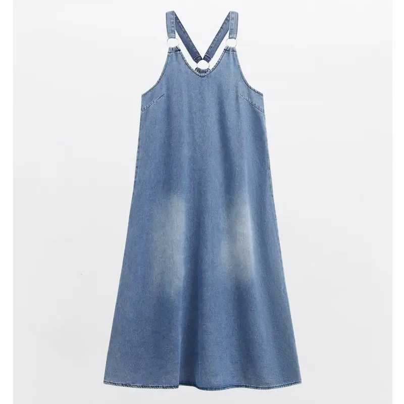 Women’s Sleeveless Denim Maxi Dress with Adjustable Cross Back Straps