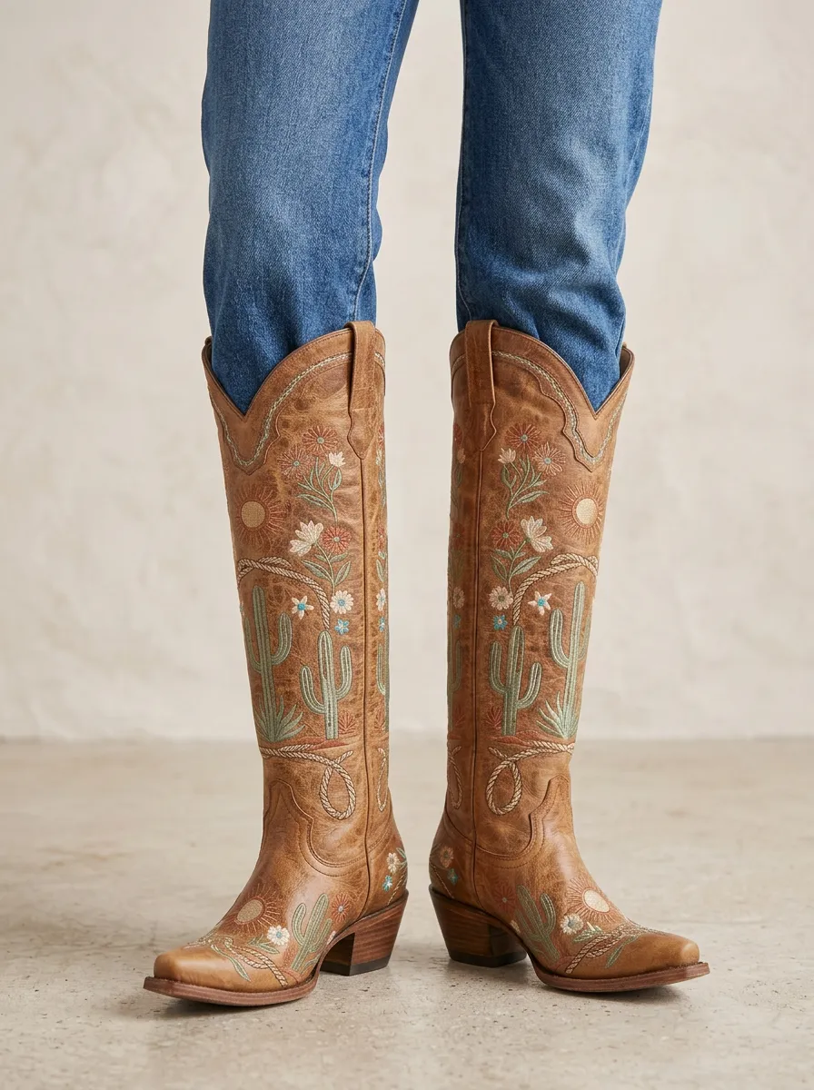 Women's Western Cactus Floral Sun Wing Embroidered Pointed-Toe Denim Over-the-Knee Boots