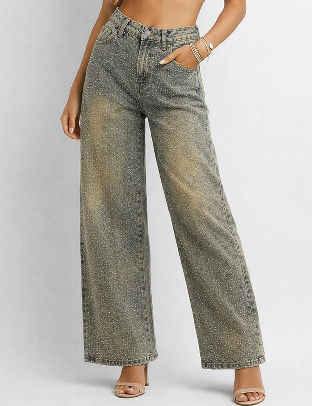 Sparkle Rhinestone Straight Wide Leg Denim Pants