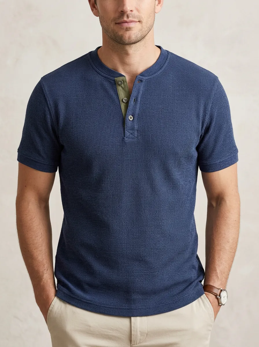Men's Lightweight Inspired Waffle Knit Button Placket Henley Shirt