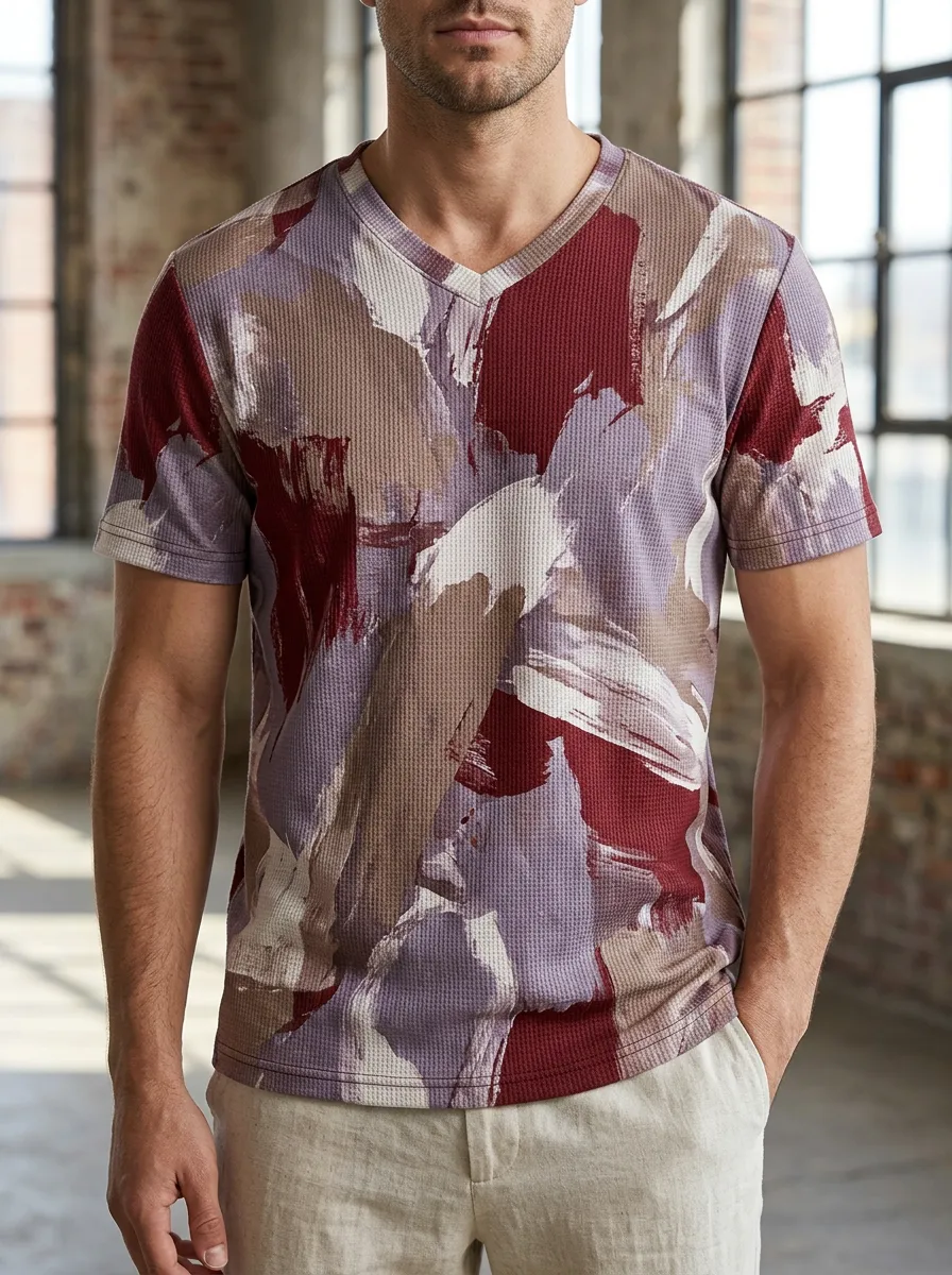 Men's Structured Abstract Brushstroke Waffle Knit V-Neck T-Shirt