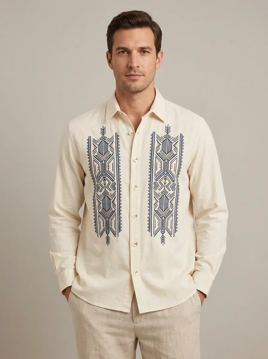 Men's Relaxed Geometric Tribal Printed Long Sleeve Shirt