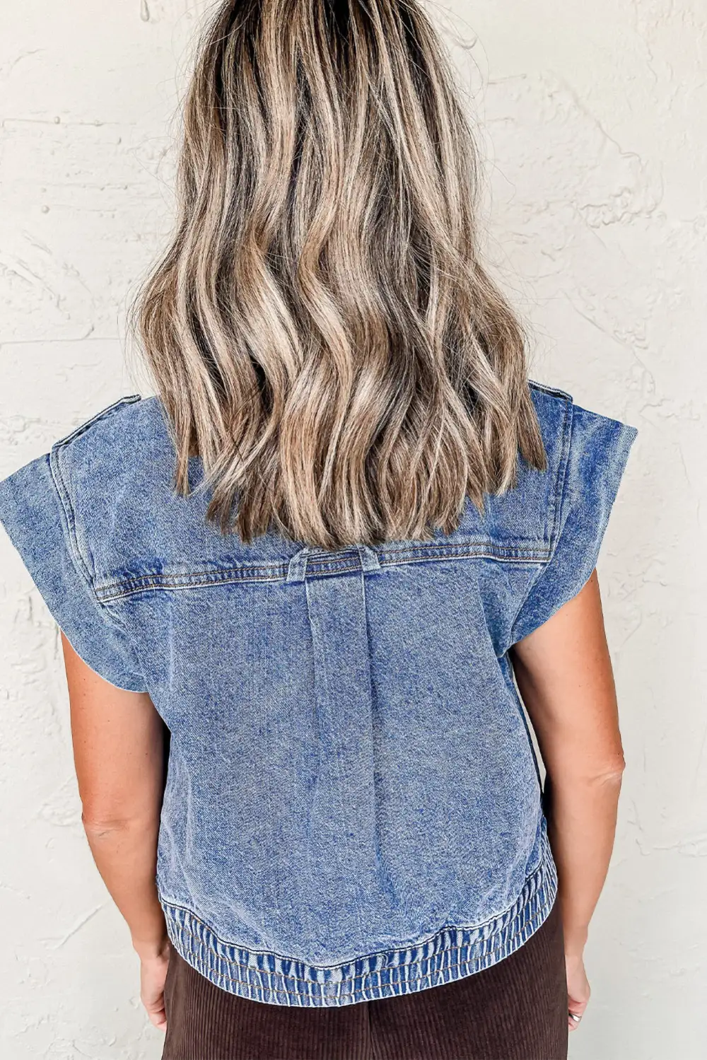 Acid Wash Elastic Hem Button Denim Vest
