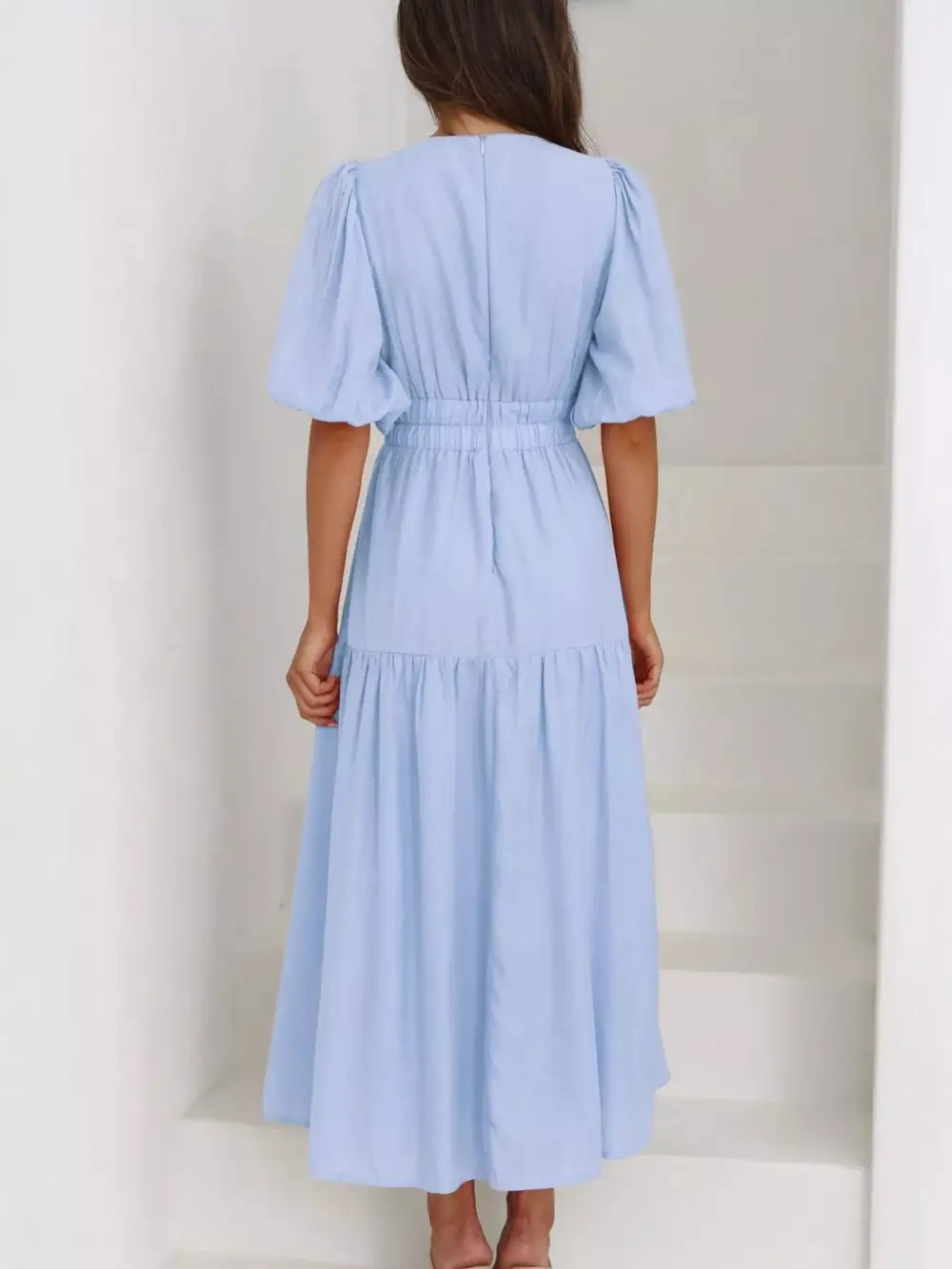 V Neck Puff Sleeve Midi Dress