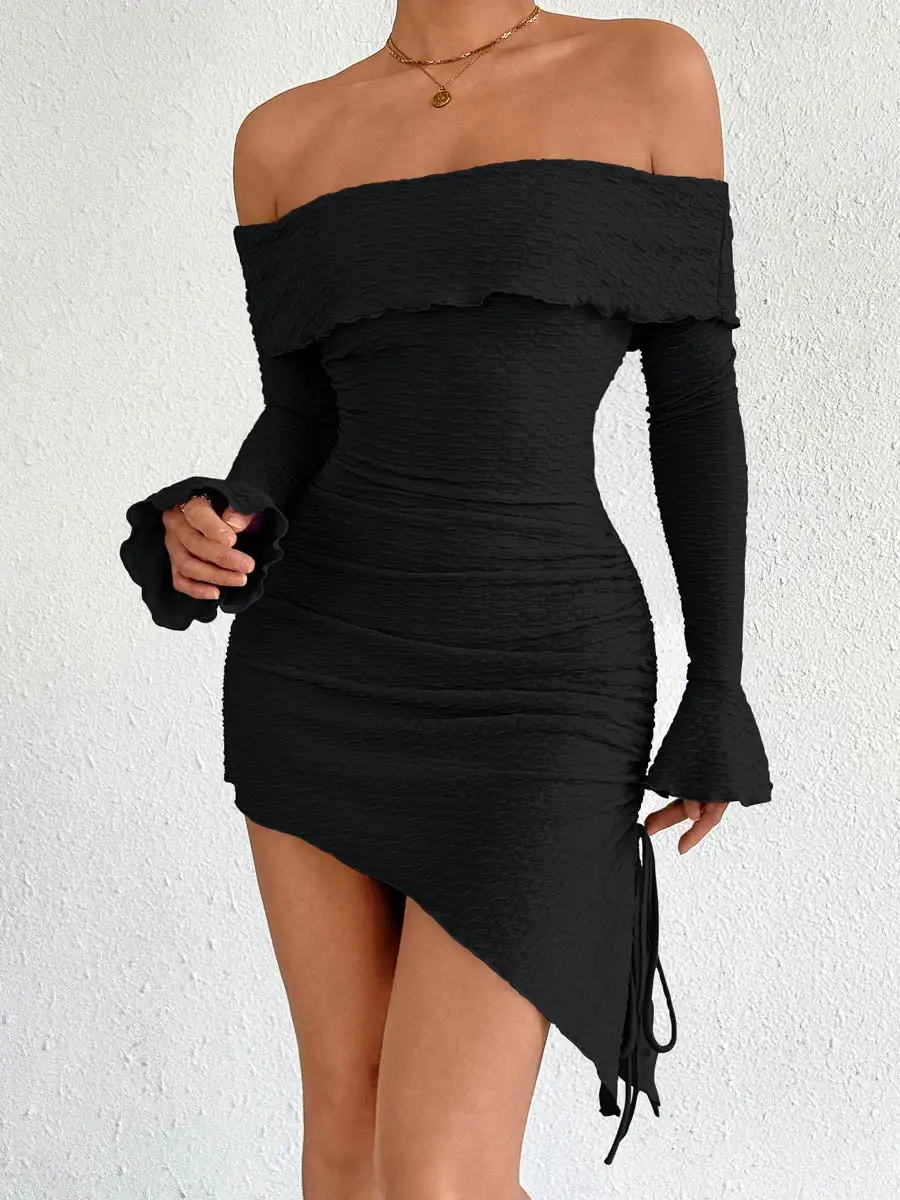 Bodycon High Waisted Asymmetric Drawstring Pleated Solid Color Split Joint Off