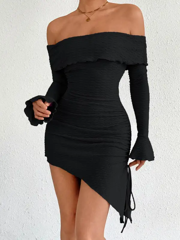 Bodycon High Waisted Asymmetric Drawstring Pleated Solid Color Split Joint Off