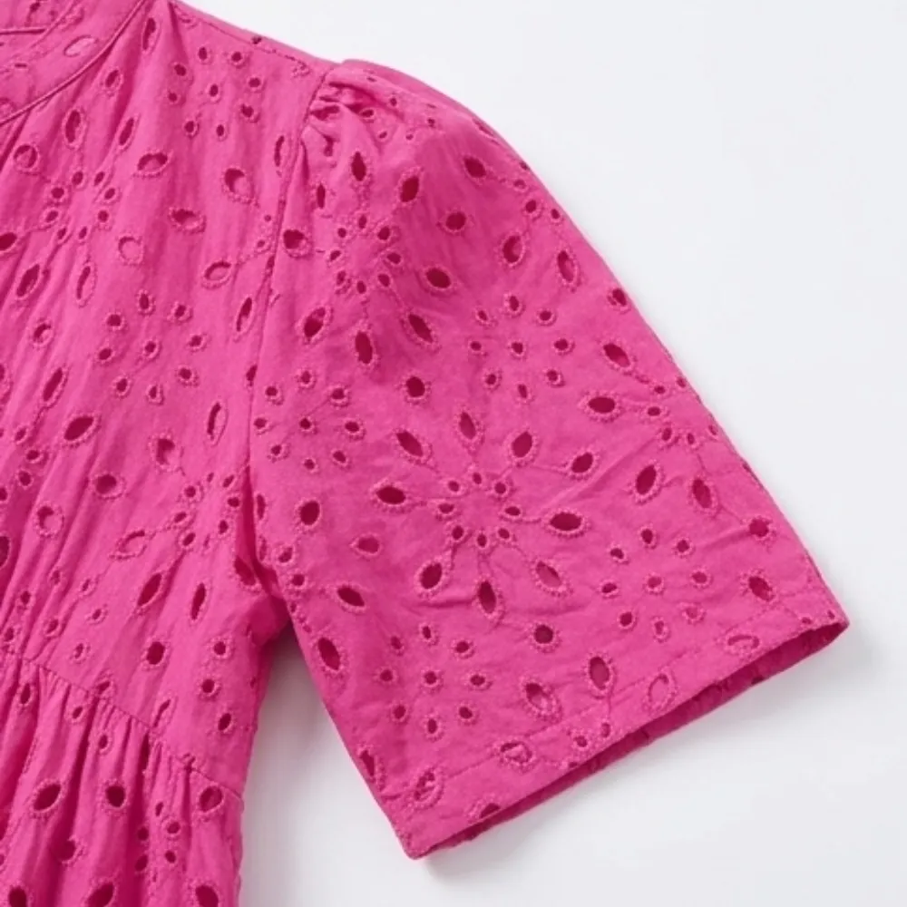 V Neck Flowy Eyelet Midi Dress