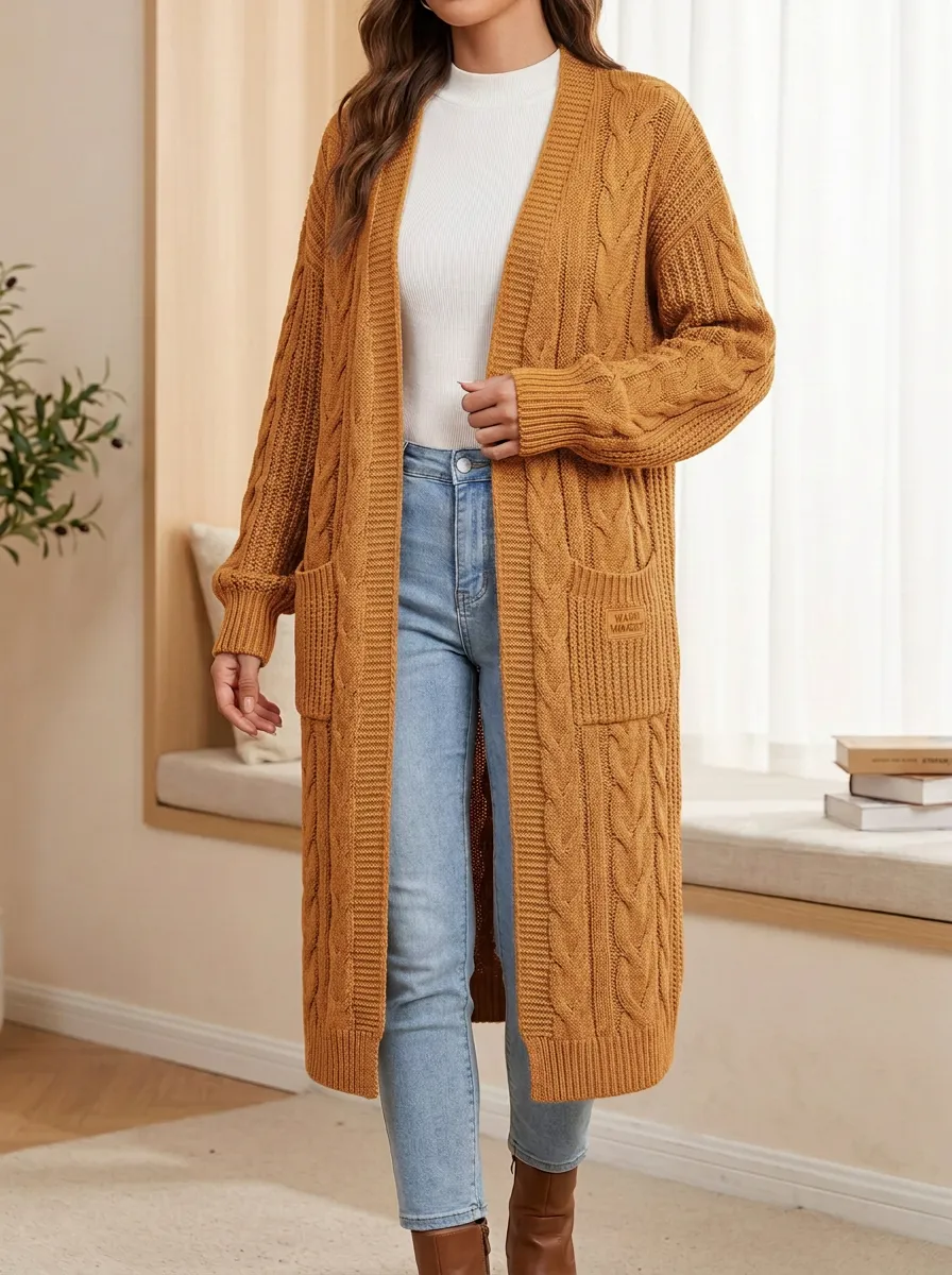 Women's Warm Moment Patch Cable Knit Long Cardigan