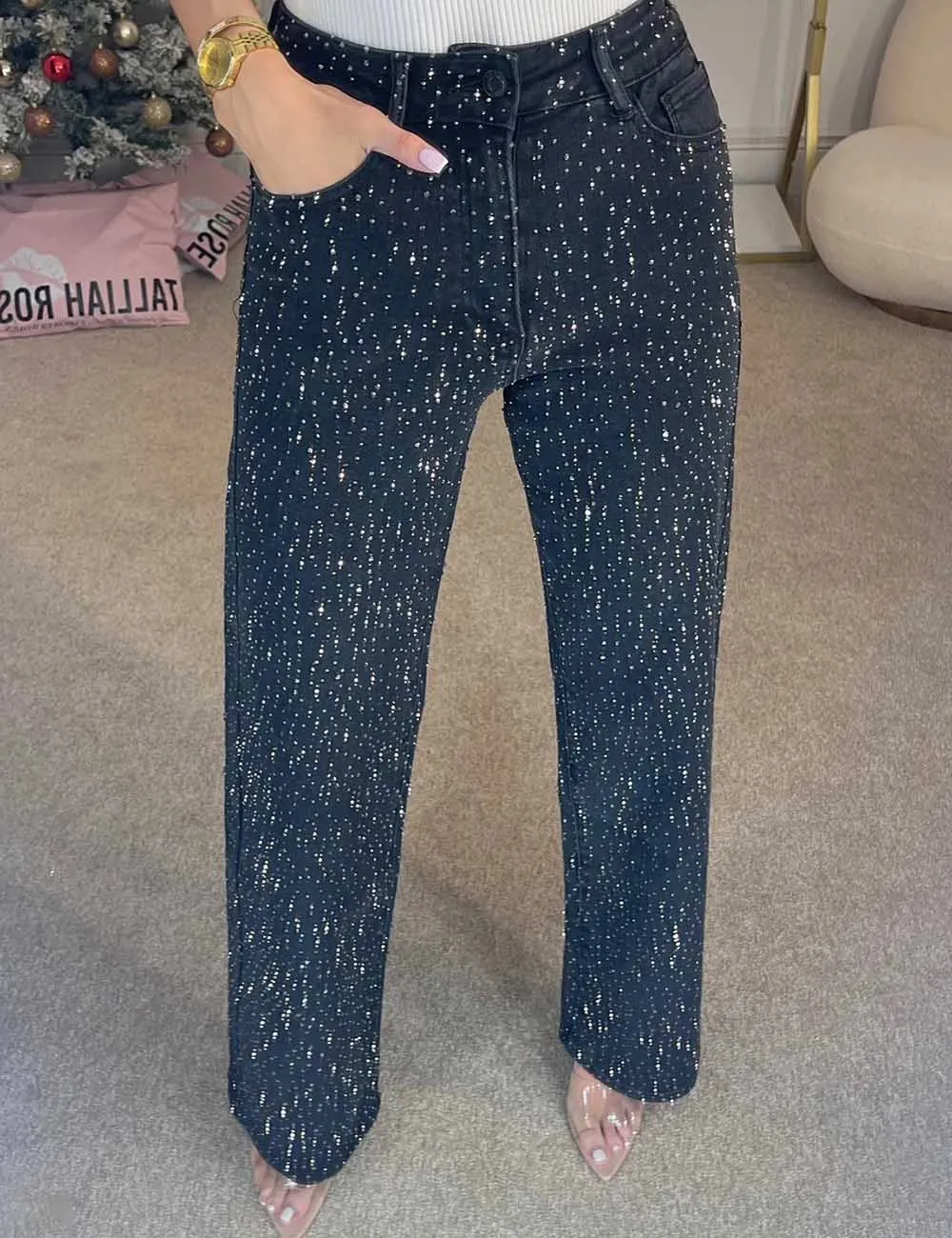 Rhinestone Button Pocket Straight Denim Pants