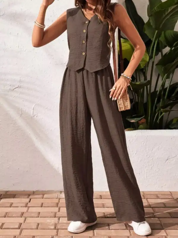 Button Down Vest & Wide Leg Pants Set