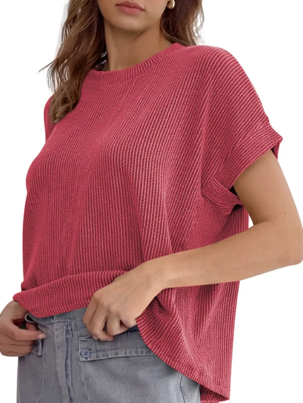 Ribbed Knit Crew Neck Tee