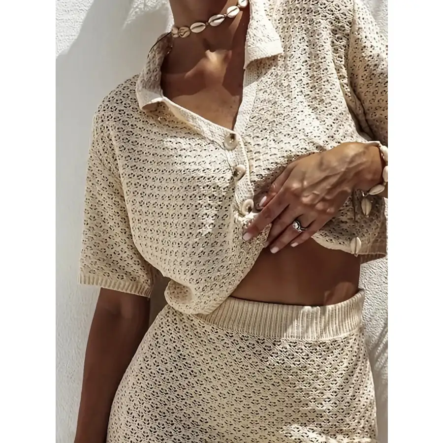 Openwork Button Up Top and Skirt Sweater Set