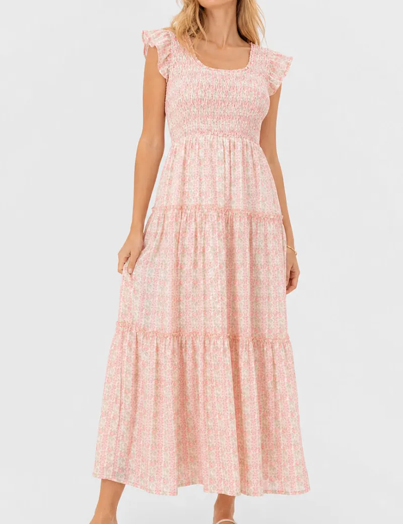 Ruffle Sleeves Tiered Hem Smocked Maxi Dress