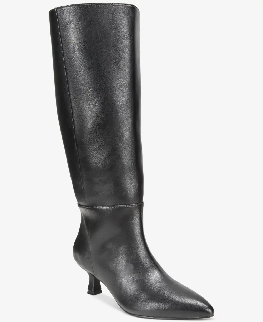 Refined Faux Leather Pointed Toe Kitten Heel Knee High Boots