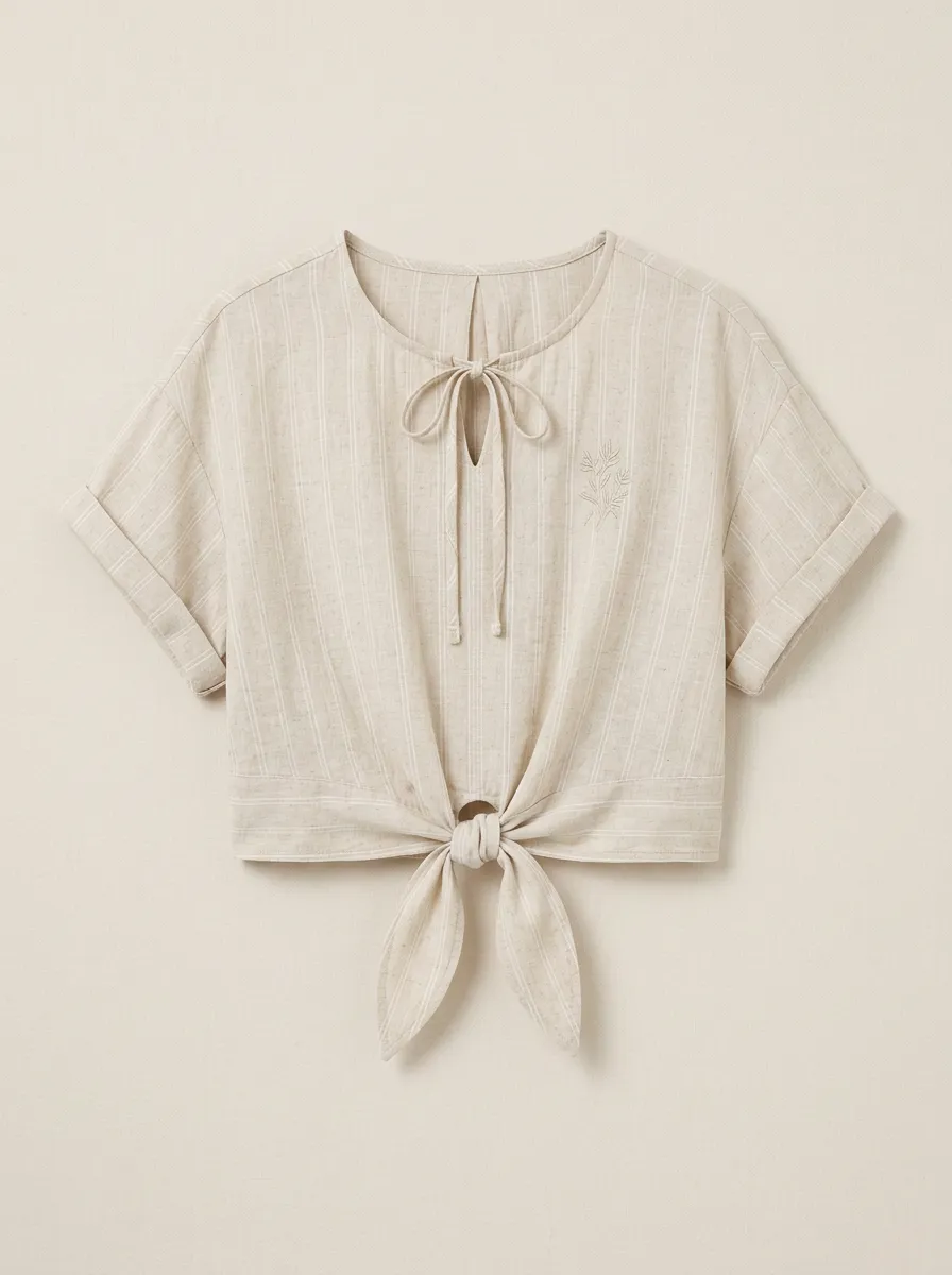 Women's Casual Striped Floral Embroidered Tie-Front Top
