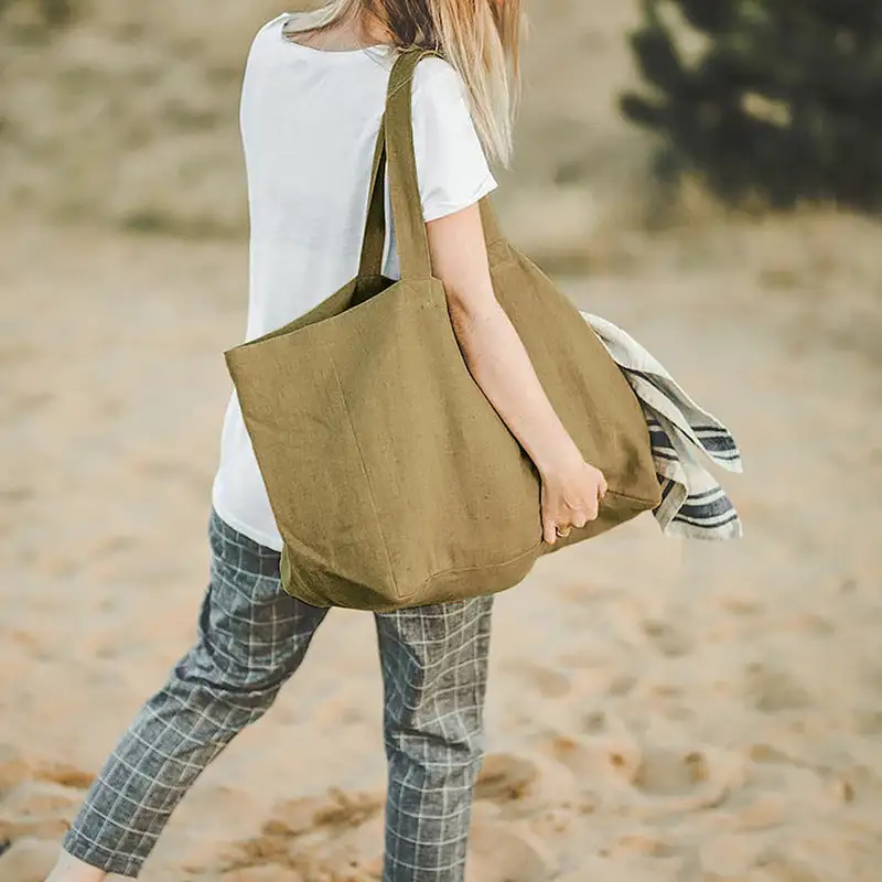 Large Pure Linen Beach Bag Solid Color Handbag Eco-Friendly