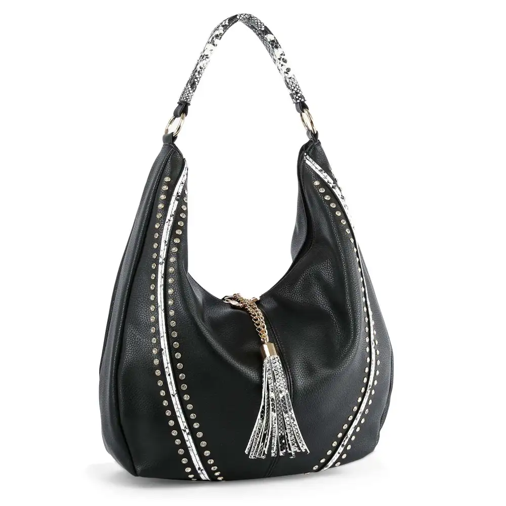 Relaxed Detail Studded Crystal Accent Tassel Accent Faux Leather Hobo Shoulder Bag