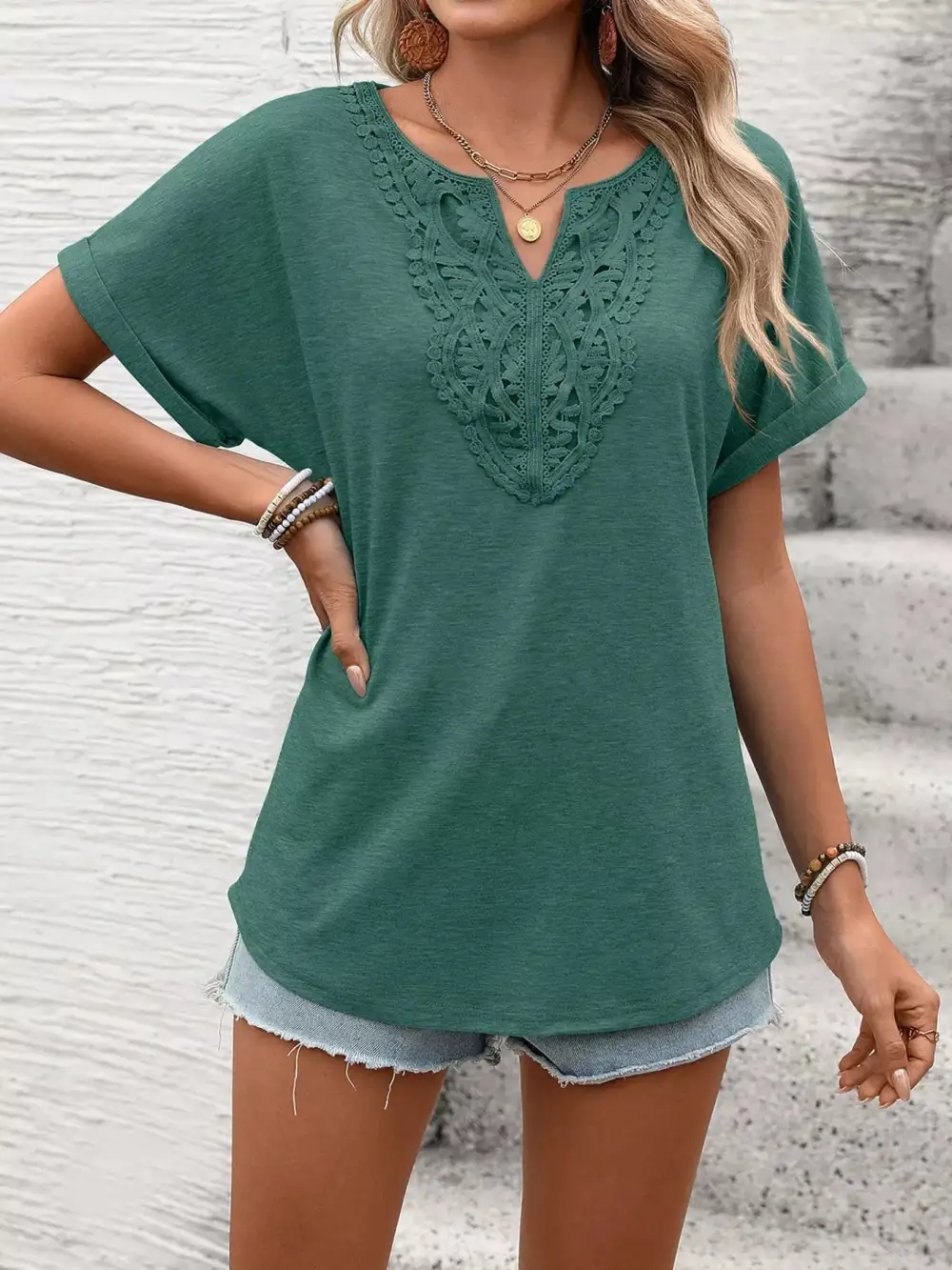 Lace Trim Detail Short Sleeve T-Shirt