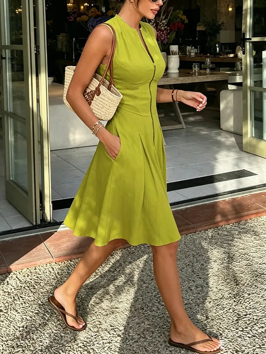 A Line Sleeveless Pleated Pocket Solid Color Zipper Round Neck Mini