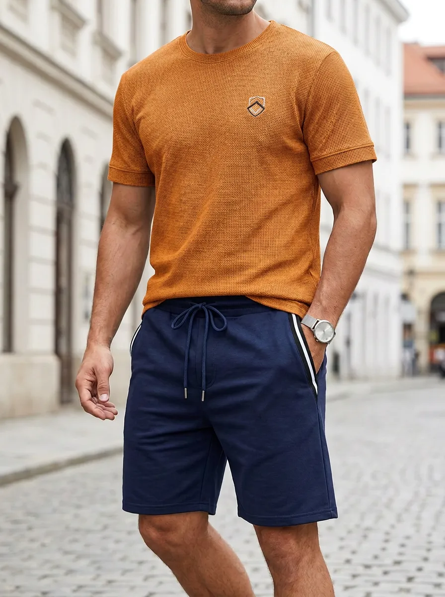 Everyday Waffle Texture Finish Men's T-Shirt And Shorts Set