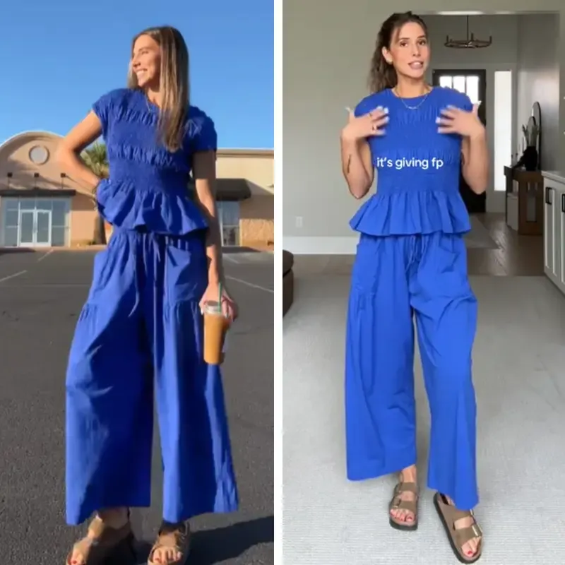 Women's Boho Chic Pleated Top & Wide-Leg Set