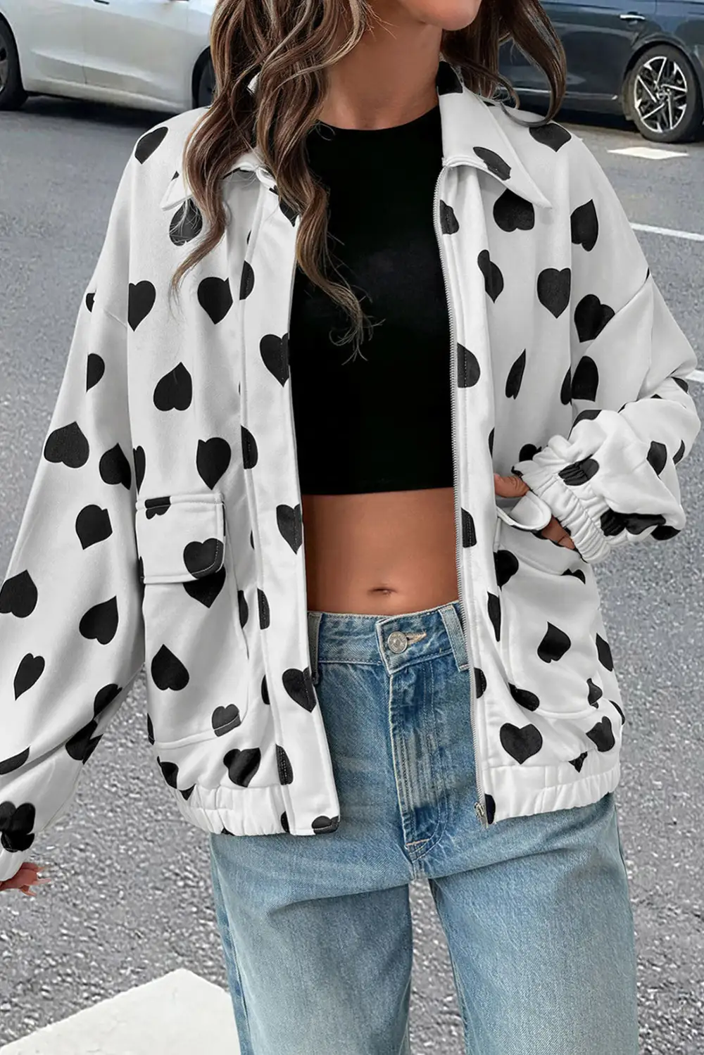 Double Flap Pocket Heart Print Collar Zip Jacket