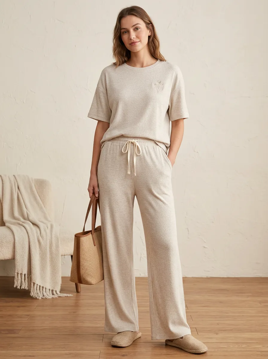 Active Floral Ribbed Detail Women's T-Shirt and Wide Leg Lounge Set