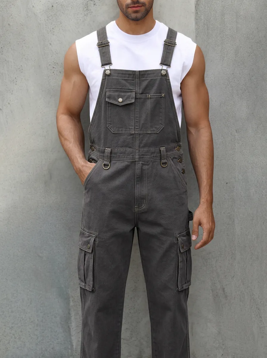 Men's Casual Grey Adjustable-Strap Cargo Bib Overalls