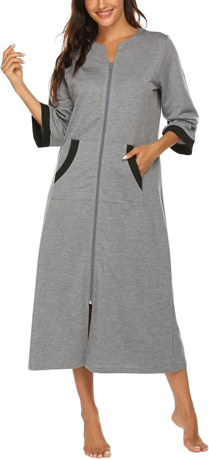 50% OFF Women Zipper Robe 3/4 Sleeves Loungewear Dress Full Length Sleepwear Pockets Housecoat Nightgown Long Bathrobe