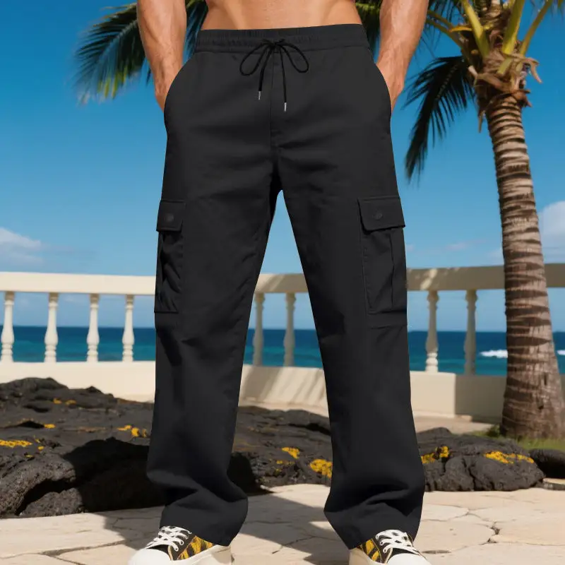 Men's Wide Cargo Pants Waistband Pockets Relaxed Fit