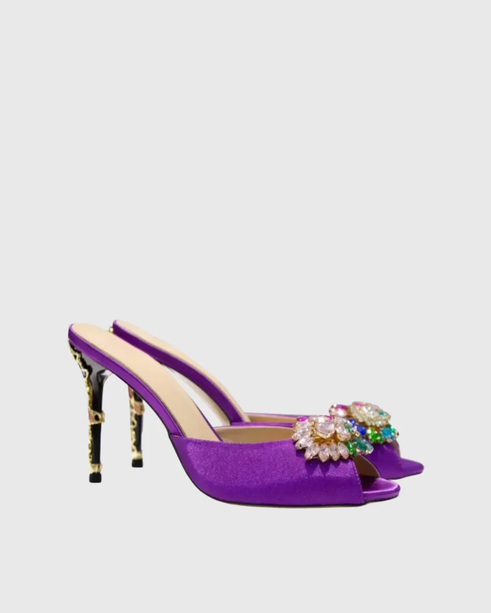 Multicolor Crystal Satin Mules in Purple