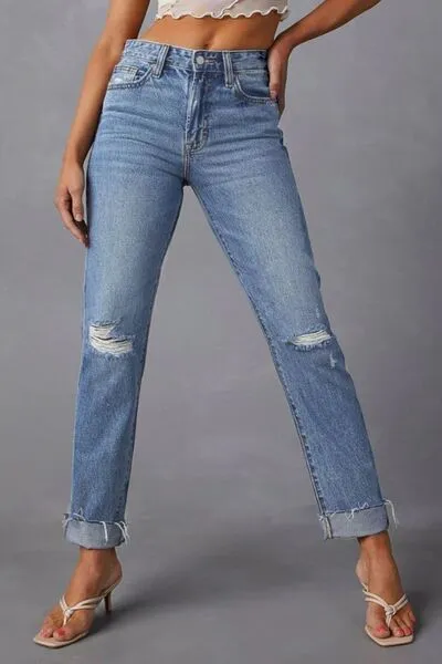 Balanced Straight Leg Raw Hem Distressed Denim Jeans