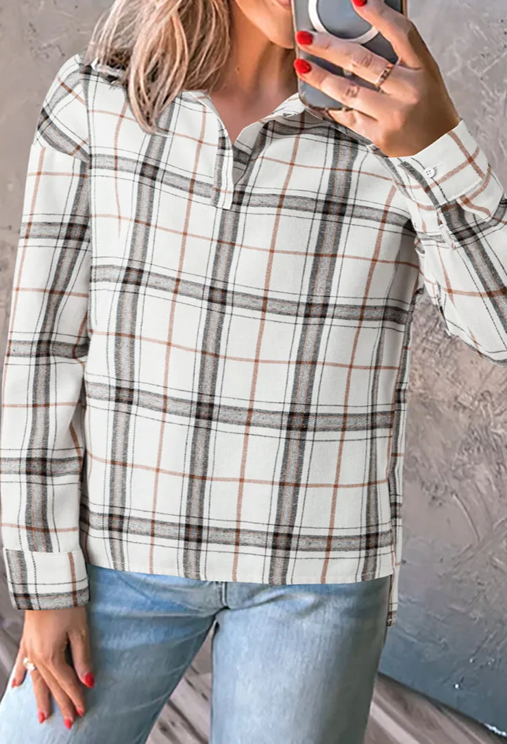 Plaid V-Neck Collared Blouse