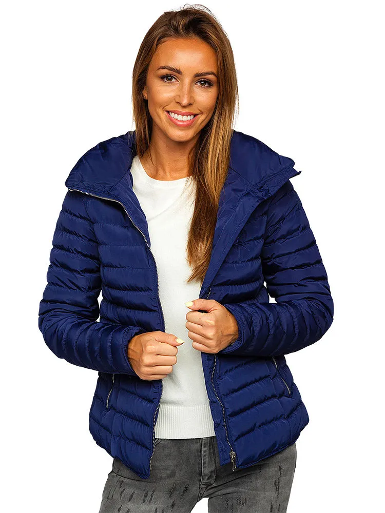 dark blue women's quilted winter jacket without hood